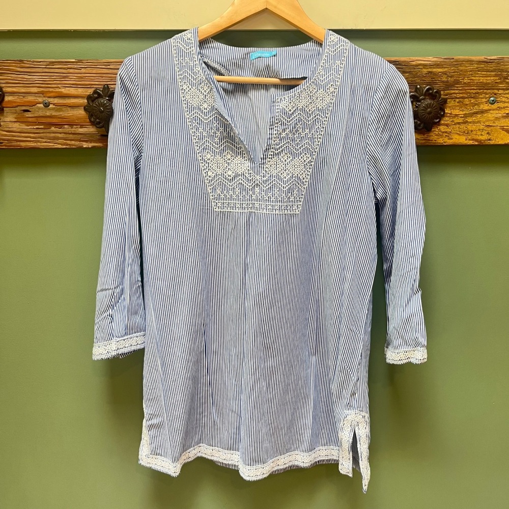 J. McLaughlin Blue White Striped Embroidered Tunic Top 3/4 Sleeve‎ Womens Medium
